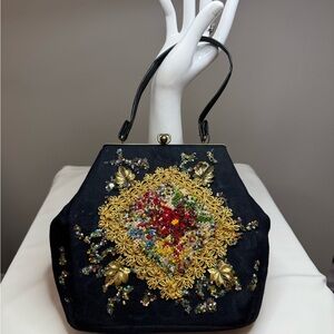 Vintage Black Beaded Evening Bag Floral Needlepoint Gold Trim Handbag